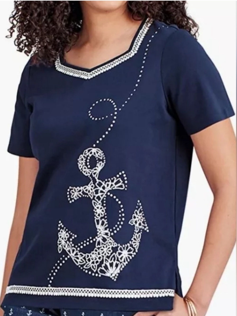 Alfred Dunner Embroidered Tunic Top Navy Anchor Cotton Knit Nautical Coastal L